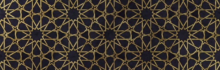 A gold geometric pattern with circles and stars on a dark blue background.