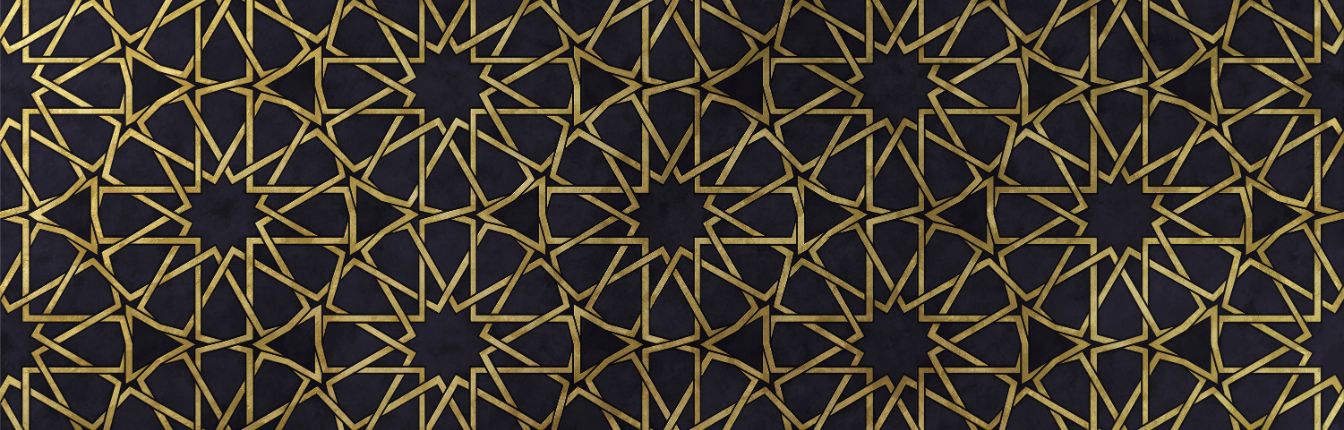 A gold geometric pattern with circles and stars on a dark blue background.