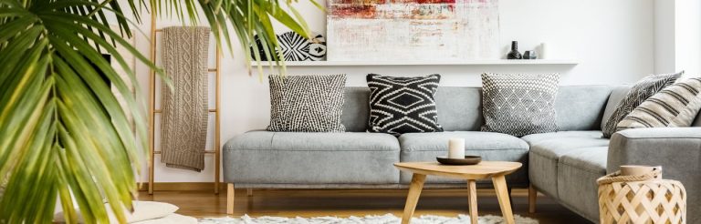 A living room with a grey couch, palm plant, and wooden table.